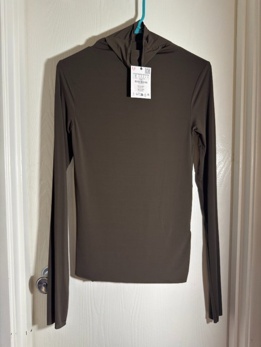 Zara High Collar Top Limited Edition Dark Khaki Brown Long Sleeve Size M NWT
